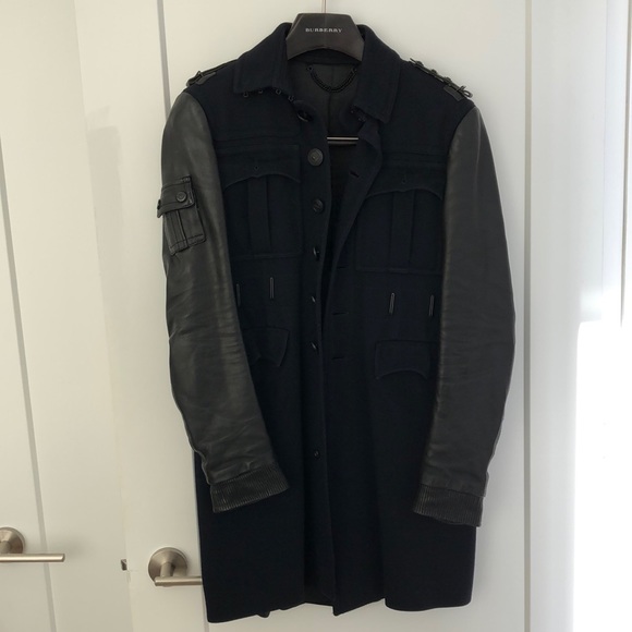 Burberry Prorsum Navy Topcoat with Leather Sleeves - Picture 2 of 13